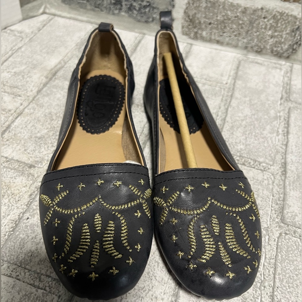Latigo Basia Anthropologie Black Leather Gold Embroidered Flats Women’s 6.5 new